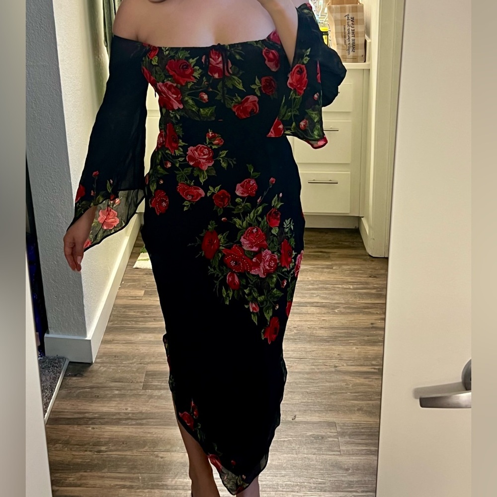 Silk Floral Off-Shoulder Long-Sleeve Black, Red, and Green Dress